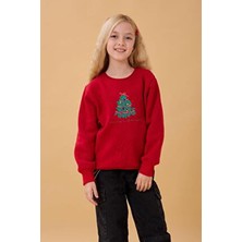 Perendi Kız Çocuk Bisiklet Yaka Nakış Detaylı Kışlık Sweatshirt – Kırmızı