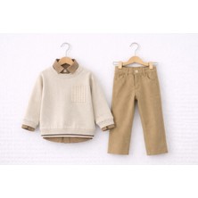 Selvira Erkek Çocuk Bej 3’lü Kombin Set | Sweatshirt + Pantolon + Gömlek | Günlük & Şık Takım
