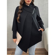 Afri Siyah Kadın Asimetrik Kesim 3 Iplik Şardonlu Sweat Ceket – Fermuarlı Yaka, Cepli, Oversize