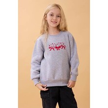 Perendi Kız Çocuk Bisiklet Yaka Fiyonk Nakışlı Sweatshirt Gri Melanj