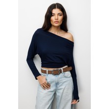 Mixray 4796 Kadın Asimetrik Yaka Uzun Kollu Basic Bluz Lacivert