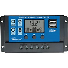 UreTech Güneş Paneli Akü Şarj Kontrol Cihazı 10A 12/24V 10 Ah Amperli USB Çıkışlı Regülatör