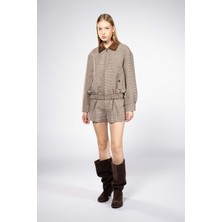 Thalure Kadın Kahverengi Pötikare Bomber Ceket