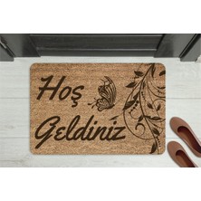 M&H Quality Hoşgeldiniz Ahşap Turuncu Çicek Dekoratif Çok Amaçlı Iç ve Dış Kapı Önü Paspası