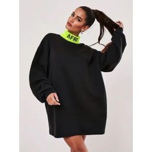 Afri Siyah Neon Yeşil Yaka Detaylı Oversize Balıkçı Yaka Kadın Sweatshirt Tunik