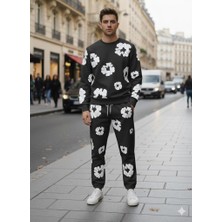Afri Unisex Siyah 3 Iplik %100 Pamuk Kabartma Baskılı Oversize Sweatshirt & Eşofman Takımı