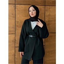 Molly Nelly Kadın Kemerli Kimono Astarlı Ceket Uzun Kol Düz Siyah Dokuma Günlük Stil