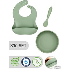 CKM Silikon 3’lü Silikon Beslenme Seti – Silikon Mama Önlüğü, Vakumlu Tabak, Diş Kaşıyıcılı Kaşık Yeşil