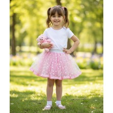 Dudese Kız Çocuk Kalp Desenli Pembe Kabarık Tütü Etek