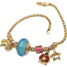 Genel Mavi Taşlı Charm Kalp, Yıldız ve Uğur Böcekli  Bileklik Künye 14 Ayar Altın Hd Videolu