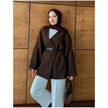 Molly Nelly Kadın Kemerli Kimono Astarlı Ceket Uzun Kol Düz Kahverengi Dokuma Günlük Stil