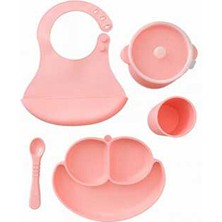 CKM Silikon CKM 5li Silikon Bebek Beslenme Seti Pembe Kolay Temizlenebilir Bölmeli Mama Tabağı ve Sızdırmaz Kase