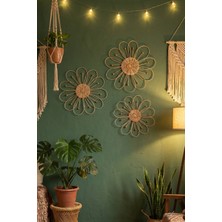 Marena Home Dekoratif 3'lü Duvar Süsü, Rustik Bohem Rattan Papatya Boncuklu - Bambu El Işi Dekor, 35-32-28 cm