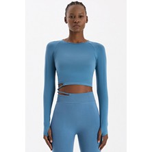 Tokalı Parmak Geçmeli Crop Top Kozmoz Mavi