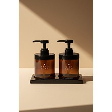 Khakma 2’li Amber Cam Sabunluk Pompalı Set | Siyah Standlı El ve Bulaşık Sabunu Seti | 250 ml