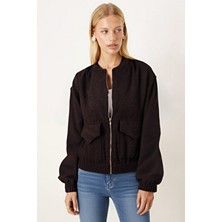 Armonika Kadın Kahve Cepli Kolları ve Beli Lastikli Bomber Kaşe Mont ARM-26K001027