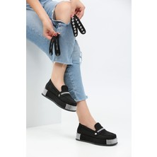 Hepici Loafers Platform Topuklu Taşlı Günlük Kadın Süet Siyah Ayakkabı