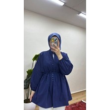 Moonsc Kadın Nervürlü Keten Tesettür Gömlek - Lacivert