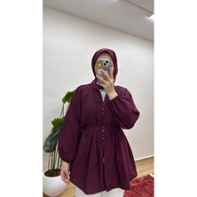 Moonsc Kadın Nervürlü Keten Tesettür Gömlek - Bordo