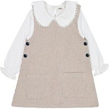 Civil Girls Yakası Pomponlu 2-5 Yaş Elbise - Bej 5-6 Yaş