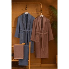 Casnack Dora 4 Parça Bornoz Seti %100 Pamuk L - XL Cepli Mürdüm - İndigo Renkli Desenli