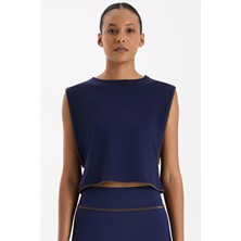 COMEUP Kontrast Biyeli Sıfır Kol Crop Top Oxford Blue