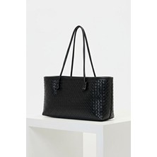 Kische Kadın Tote Çanta Siyah Örgülü Çanta Örgü Model