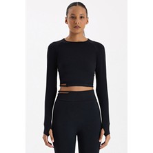 COMEUP Kadın Crop Top Siyah Uzun Kollu Poliamid Malzeme Günlük Stil Modern Tasarım