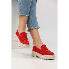 Hepici Loafers Günlük Kadın Süet Kırmızı Ayakkabı
