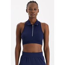 Fermuarlı Pedli Polo Yaka Crop Top Oxford Blue