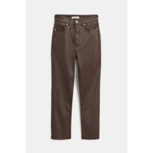 Saade Kadın Mumlu (Waxed) Yüksek Bel Düz Kesim Likralı Jean Pantolon - Paça Detaylı