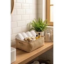 PH Prendi Home Jüt Kumaş Banyo Düzenleyici Sepet Çok Amaçlı Dekoratif Organizer Kutu Bej 37X27X10