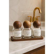 Mottogo 3’lü Cam Kavanoz Banyo Seti – Akasya Kapaklı Pamukluk & Kulak Çubuğu Kutusu 3 Bölmeli Ahşap Stant