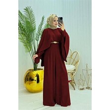 Neşeli Butik Kadın Pelerinli Kemer Detaylı Bordo Tesettür Tulum Polyester Düz Desen Uzun Kol