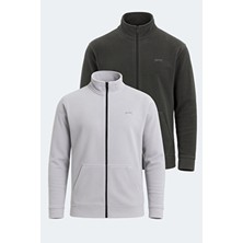 Slazenger Sansa 2 Li Set Erkek Fermuarlı Dik Yaka Cepli Gri - Koyu Gri Polar