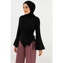 El Moda Siyah Büzgü Detaylı Asimetrik Sandy Bluz – Uzun Kollu