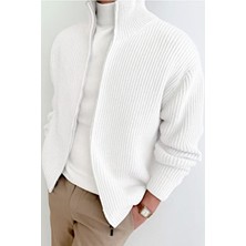 Tarz Cool Erkek Beyaz Dik Yaka Fermuarlı Slim Fit Triko Hırka