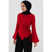 El Moda Kırmızı Büzgü Detaylı Asimetrik Sandy Bluz – Uzun Kollu