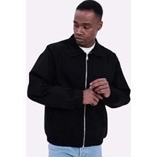 Freemen Erkek Basic Gabardin Kumaş Fermuarlı Oversize Mevsimlik Polo Yaka Siyah Ceket