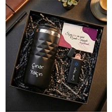 vegahediye v vega Siyah Kişiye Özel Geometrik Termos Bardak 300 ml & USB Alevsiz Elektrikli Çakmak Seti