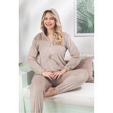 Asel Kadın Kapşonlu Yeşil Renk Kadife Uzun Kollu Lastikli Takımı