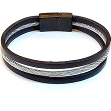 Herşey Nota Steel Line – Gümüş Halat Detaylı Siyah Erkek Deri BILEKLIK-1442