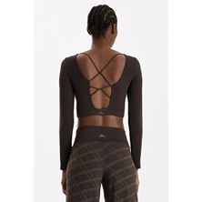 COMEUP Kadın Uzun Kollu Ekose Crop Top Nefes Alabilen Poliamid Kumaş Sportswear