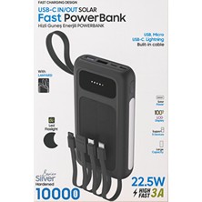 Ecuy 10000MAH Güneş Enerjili Göstergeli Powerbank 4'ü 1 Arada Kablolu Type-C Lightning Hızlı Şarj Aleti