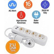 Reyyen 2 Usb'li 4'lü 3 Metre Grup Priz Bakır Uzatma Ara Kablosu