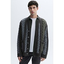 MUDO Renk Bloklu Baskılı Loose Fit V Yaka Hırka %100 Polyester Haki Renkli Uzun Kollu