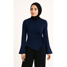 El Moda Lacivert Sendy Kumaş Yan Bağcıklı Şık Bluz