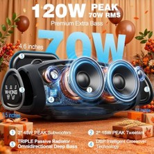 W-Kıng Subwoofer ile Taşınabilir Loud Bluetooth Hoparlör, 70W Taşınabilir Açık Hoparlörler Bluetooth Kablosuz Su Geçirmez, Üçlü Pasif Radyatörler-Derin Bas/hi-Fi SES/DSP/42H/GÜÇ