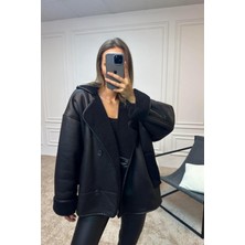 Prifaldi Oversize Siyah Içi Kürklü Kalın Süet Mont