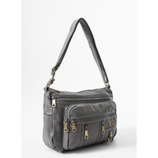 Duomino Gri Yıkama Deri Çok Cepli Çapraz Çanta / Omuz Çantası / Postacı Çanta